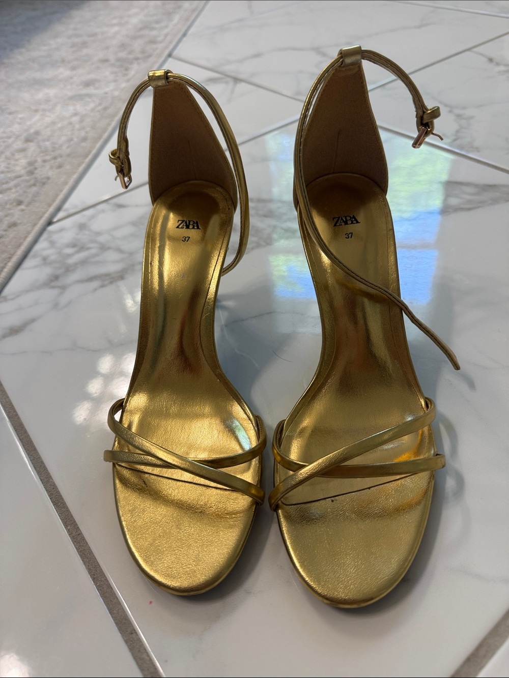 Zara Metallic Gold Strappy Ankle‑Tie Heels